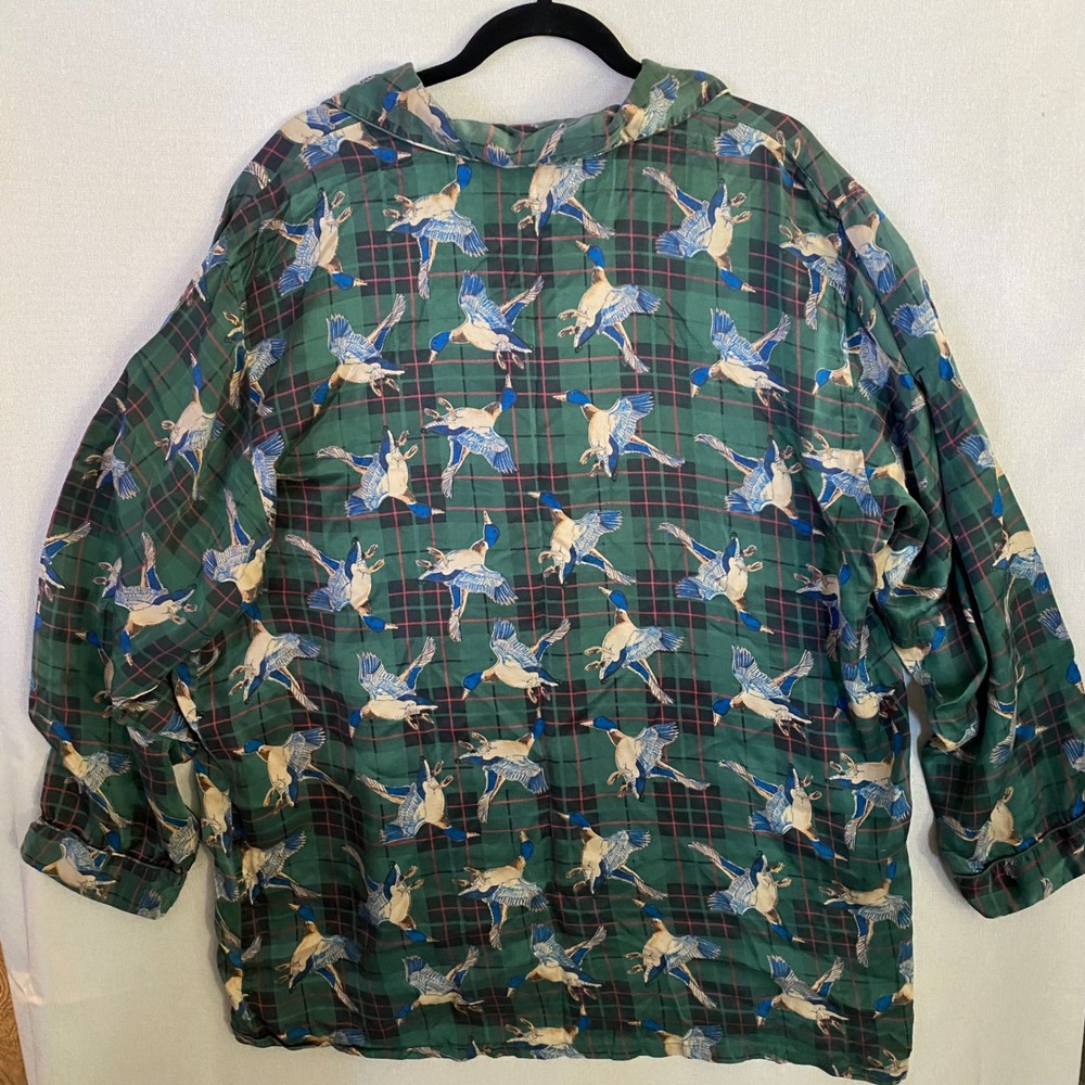 Joe Boxer Vintage 100% Silk Pajama Sleep shirt Green Plaid Mallard Duck Print - Picture 5 of 9